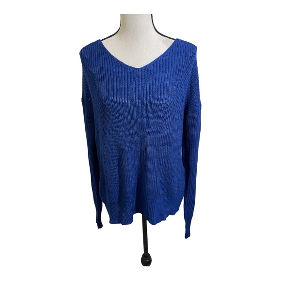 Cotton emporium relaxed knot back sweater blue knit size Large. Twisted … - Picture 1 of 10